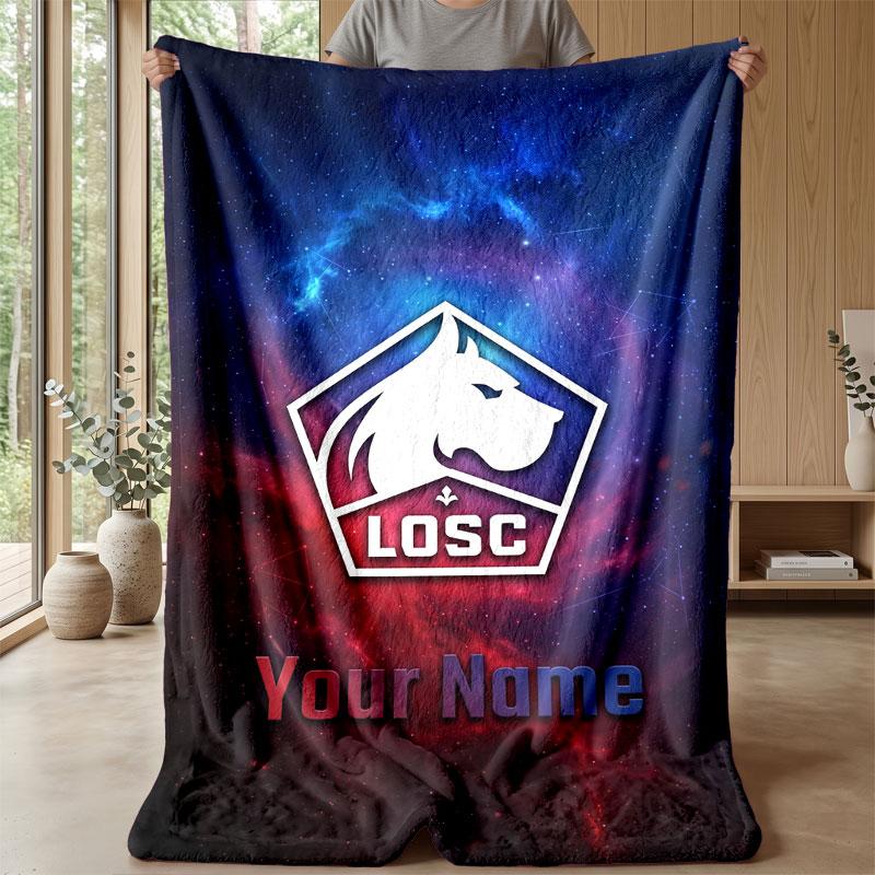 LOSC Lille Custom Name Text Flannel Blanket Soccer Logo Personalized Fleece Throw Blanket Special Gift For Sofa Bedroom Home