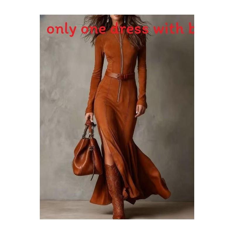 Elegant Sweater Dress With Zipper Collar For Casual Autumn Wear
