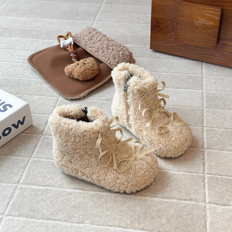 Зимние Корейский Стиль Детские Девочки Бабочка Короткие Сапоги с Бархатной Подкладкой 2025 Size 24: 15.2cm грязно-белый