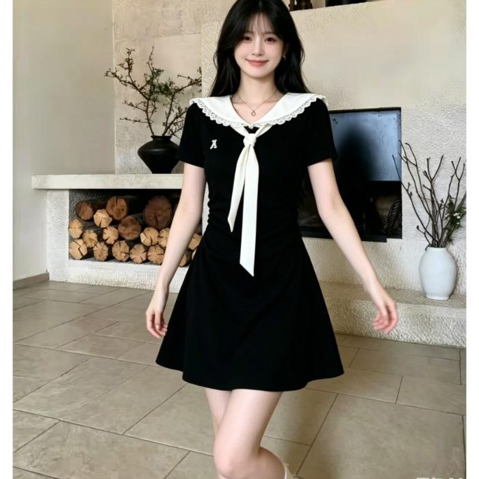 Doll collar lace-up dress for women's summer waist, thin age reduction, college style, girlish feeling, daily versatile short skirt