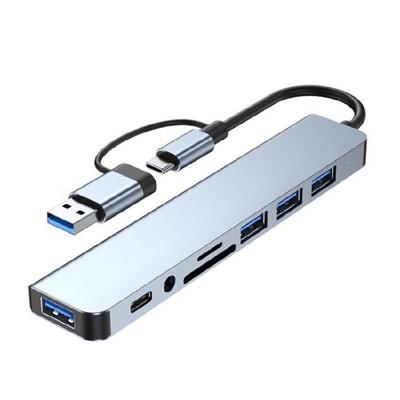 Aluminum 8 In 1 USB C Adapter Hub with 4 USB Port Splitter Adapter Small Card Reader and 3.5 Auditory Port Efficient