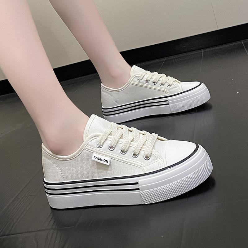Fashion 2025 Canvas Women Flat Spring and Autumn New Versatile Thick Soled Canvas Shoes Casual Color Blocking Board Biscuit Single Shoes