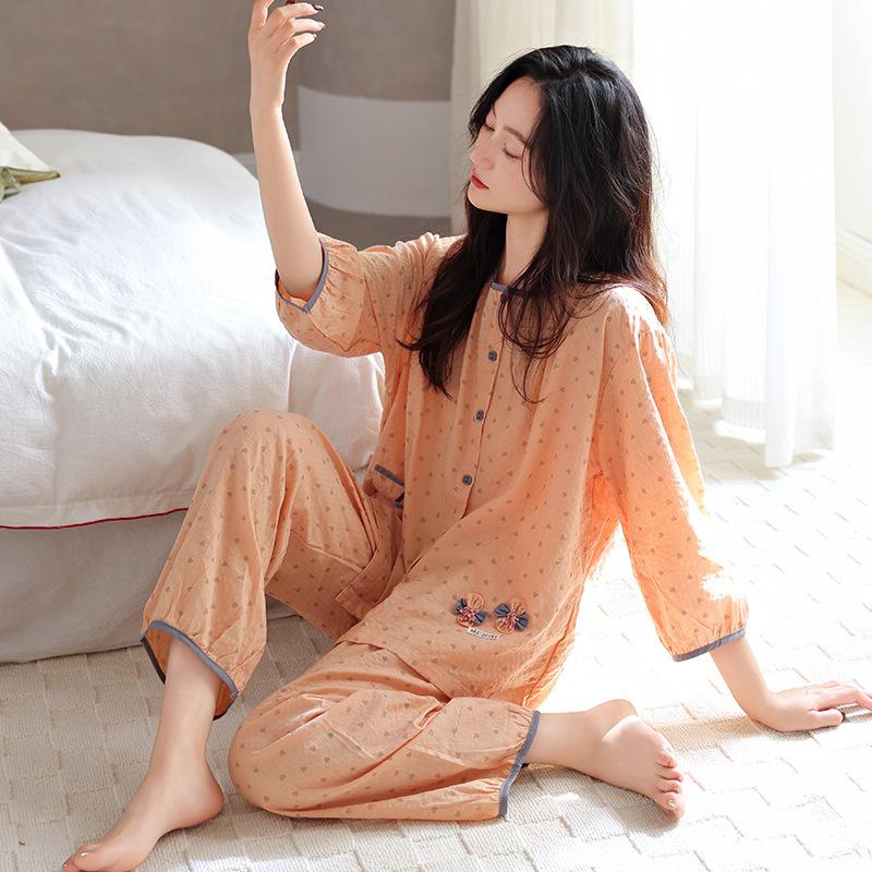 Pajamas women's summer woven pure cotton seven-quarter sleeve gauze cotton thin middle-aged mother spring and autumn loungewear suit