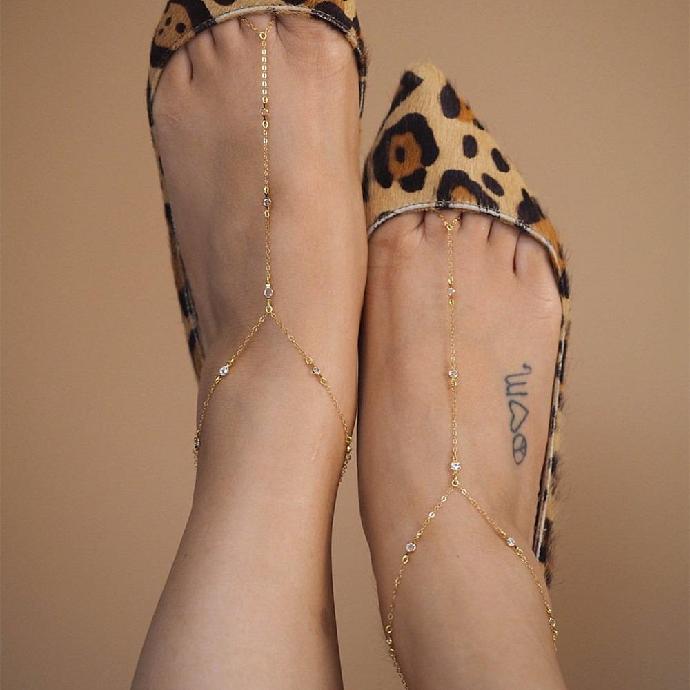 Exquisite Crystal Toe Chain Personality Gold Color Fine Chain Fingering Together Anklets for Women Charm Jewelry Accessory Gifts
