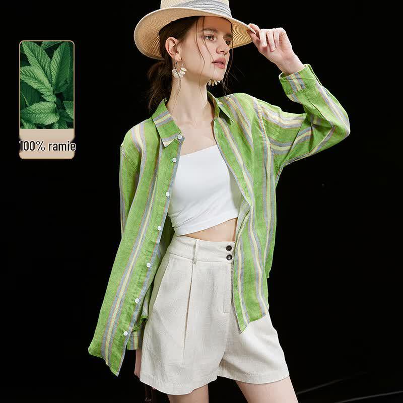 Women s Ramie Striped Lapel Shirt XL