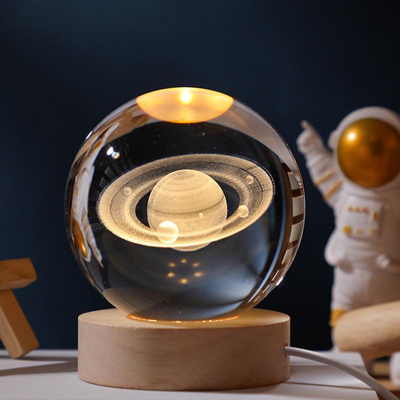 6cm 3D Crystal Ball Crystal Planet Night Light Laser Engraved Solar System Globe Christmas Birthday Gift Home Desktop Decoration