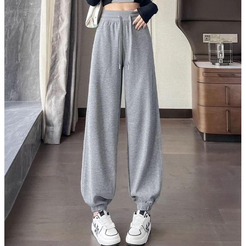 2025 Black Women's High-Waisted Slimming Cuffed Sweatpants - American Style Straight-Leg Lantern Pants for Autumn