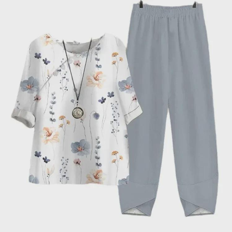 2023 Women's Casual Round Neck Five-Sleeve Top & Digital Print Two-Piece Set