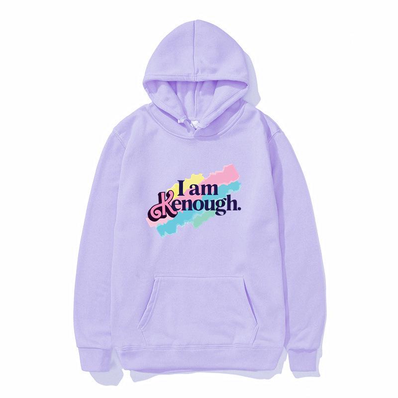 Unisex 'I Am Kenough' Rainbow Print Loose Hooded Sweatshirt - Black