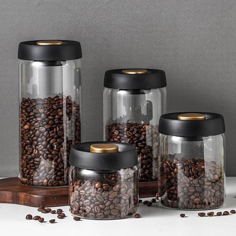 Coffee Bean Storage Container Compact Airtight Press-Down Vacuum Sealed Glass Jar for Small Apartment Kitchen Use