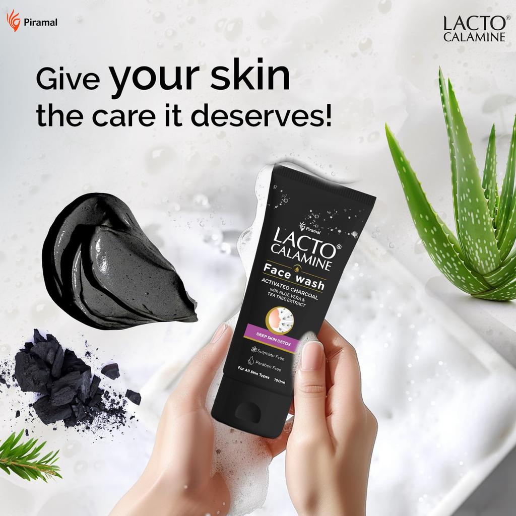 Lacto Calamine Charcoal  Activates Face Wash Aloe Vera Tea Tree Extract Deep Skin Detox 100 Ml Pack of 2