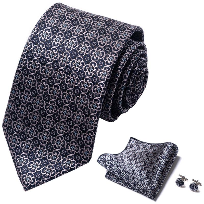 Men's 8cm Solid & Polka Dot Plaid Tie Set with Cufflinks & Pocket Square