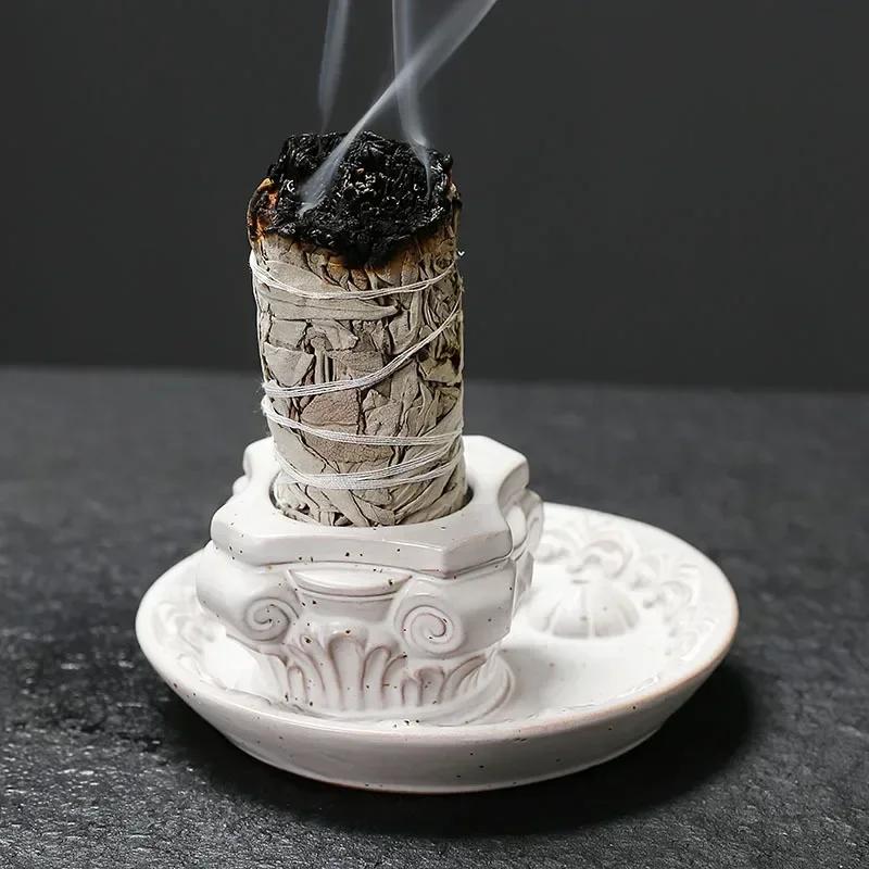 1pc,Handmade Ceramic Incense Stick Burner Roman Column Candle Holder, Palo Santo Tray and Sage Bundle Burner (Without Incense)