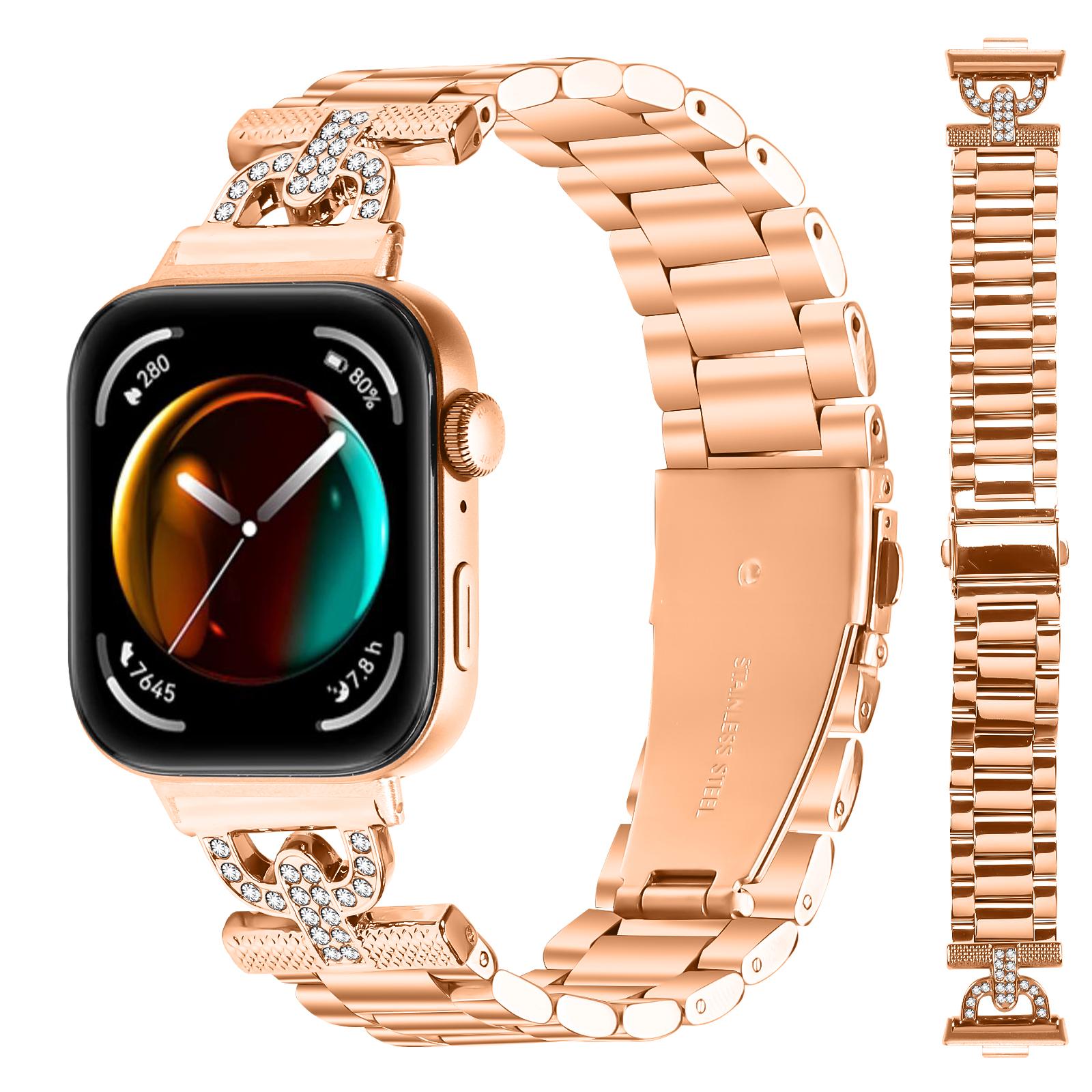 

Colored Watch Strap for Huawei Watch Fit 3 D-Shape Rhinestones Decor 3-Bead Metal Band Rose Gold