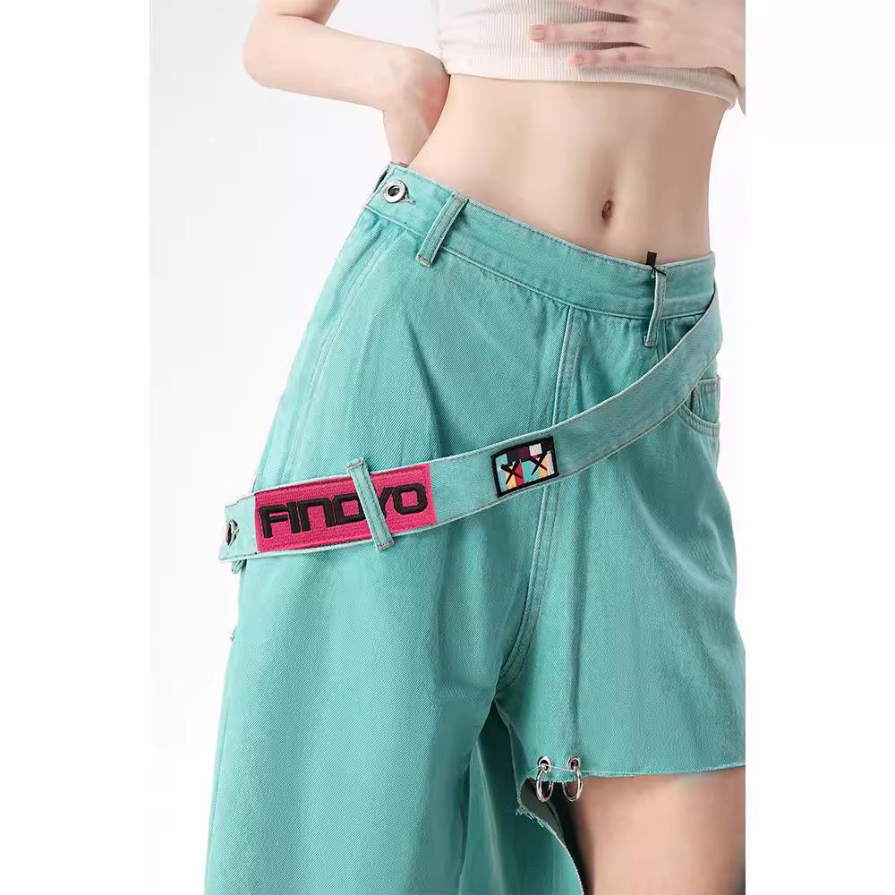 Damen Sommer Retro Mintgrüne Weitbeinige Zerrissene Jeans