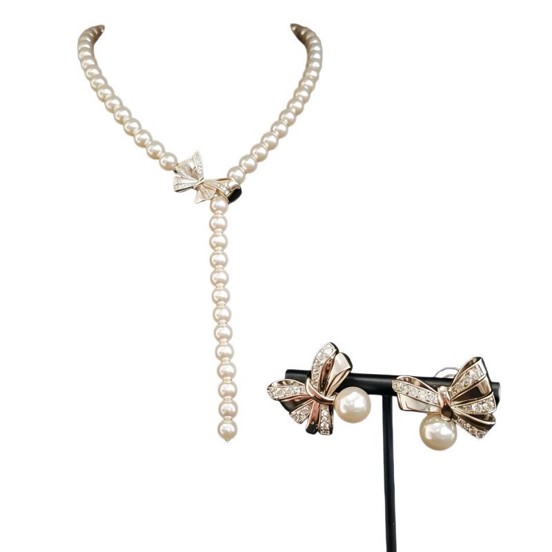 French Elegant Bow Diamond & Pearl Necklace Earring Set
