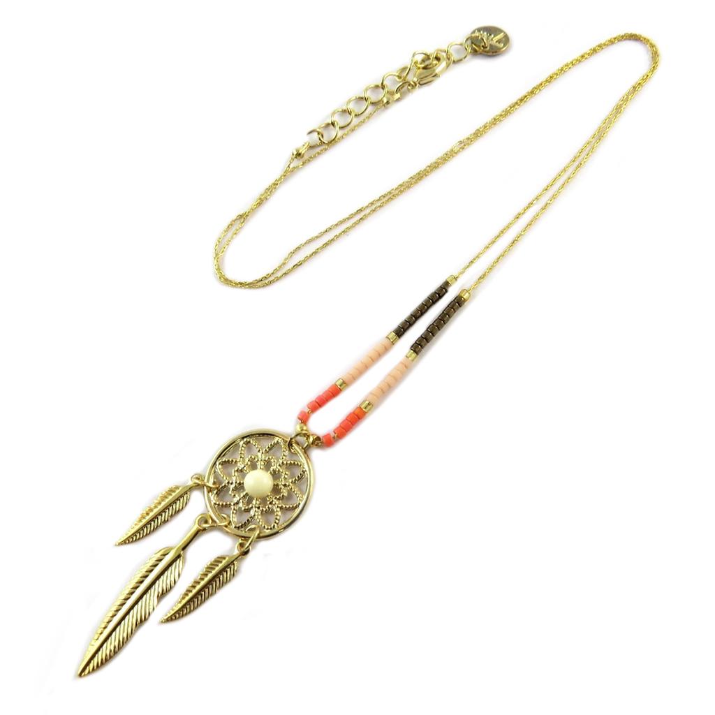 7bis [Q1536] - Handmade Rose Gold 'Boho' Necklace (dreamcatcher) - 40x16 Mm