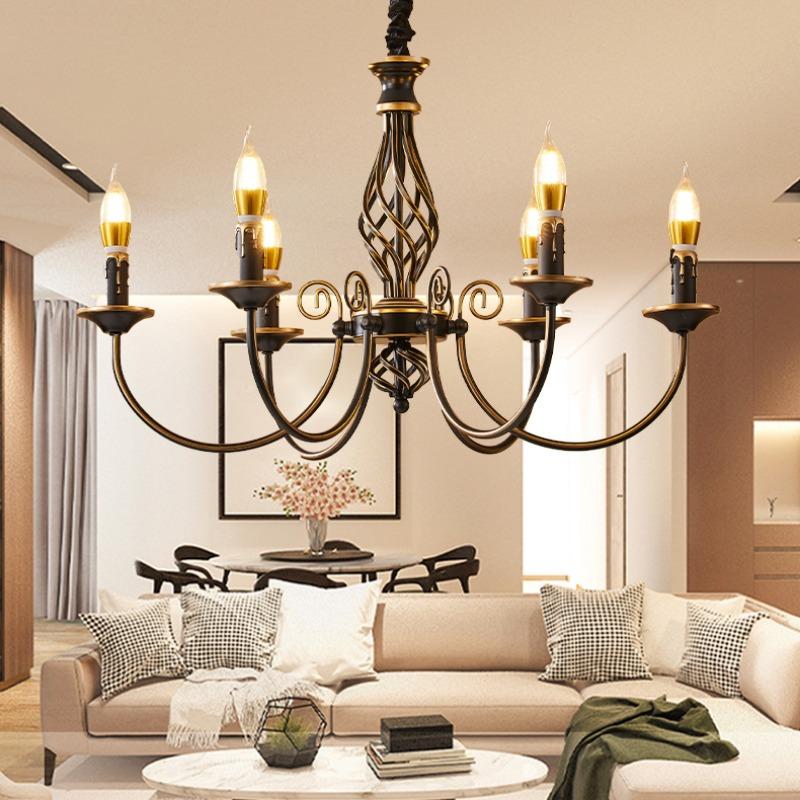 Rural Retro Chandelier Candle Living Room Dining Room Lamp Bedroom Lamp Antique Iron Pendant Lamp