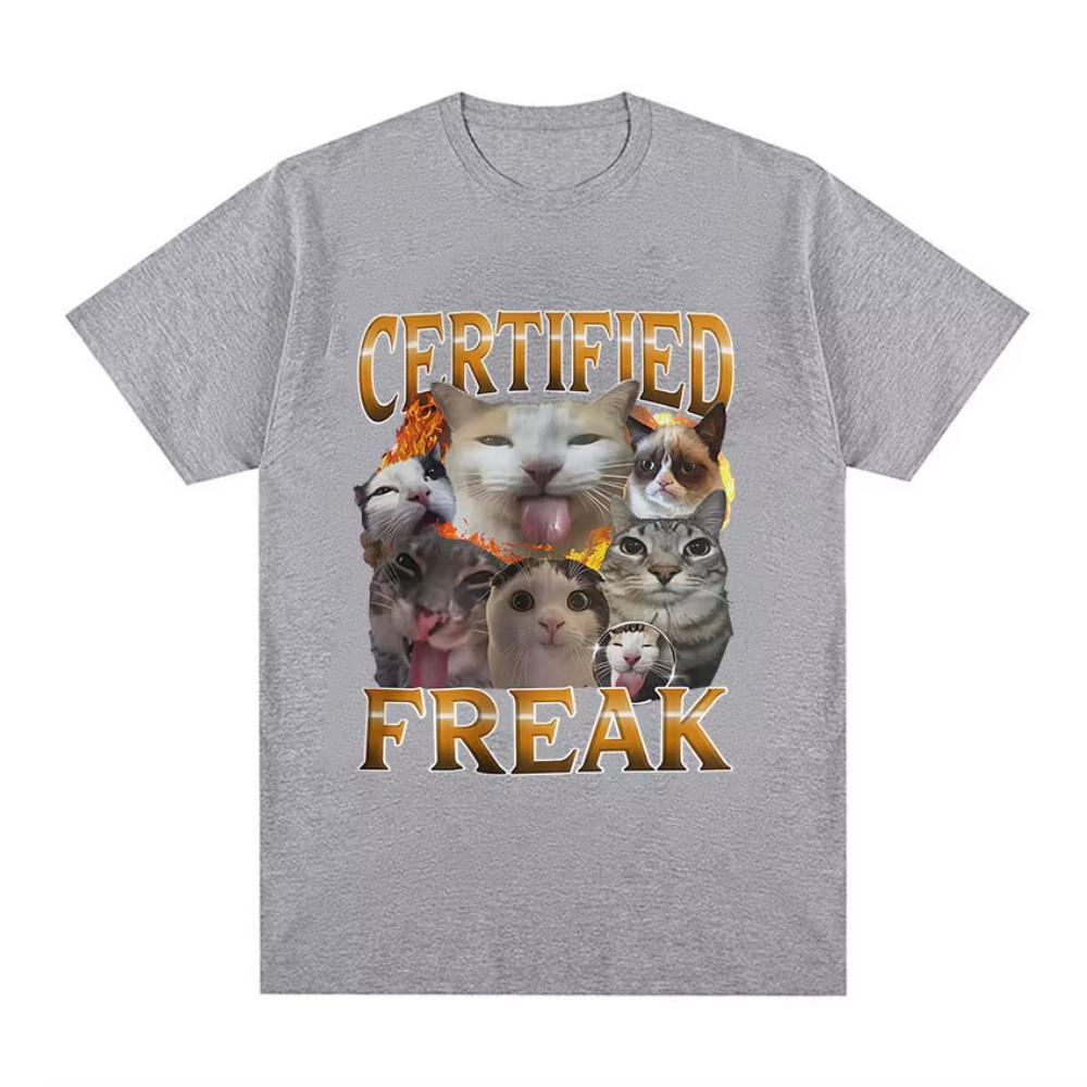 Funny Certified Freak Cat Meme TShirt Men Women Cute Humor Style Short Sleeve T Shirt Fashion High Quality Male Cotton Tshirts