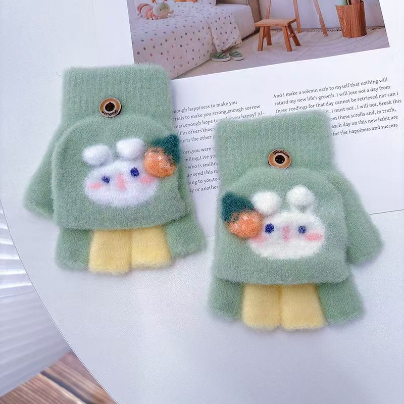 

Студенческие зимние теплые перчатки с открытыми пальцами, флисовые утолщенные мужские и женские перчатки для письма, мультяшные милые вязаные перчатки без пальцев с откидным верхом One size