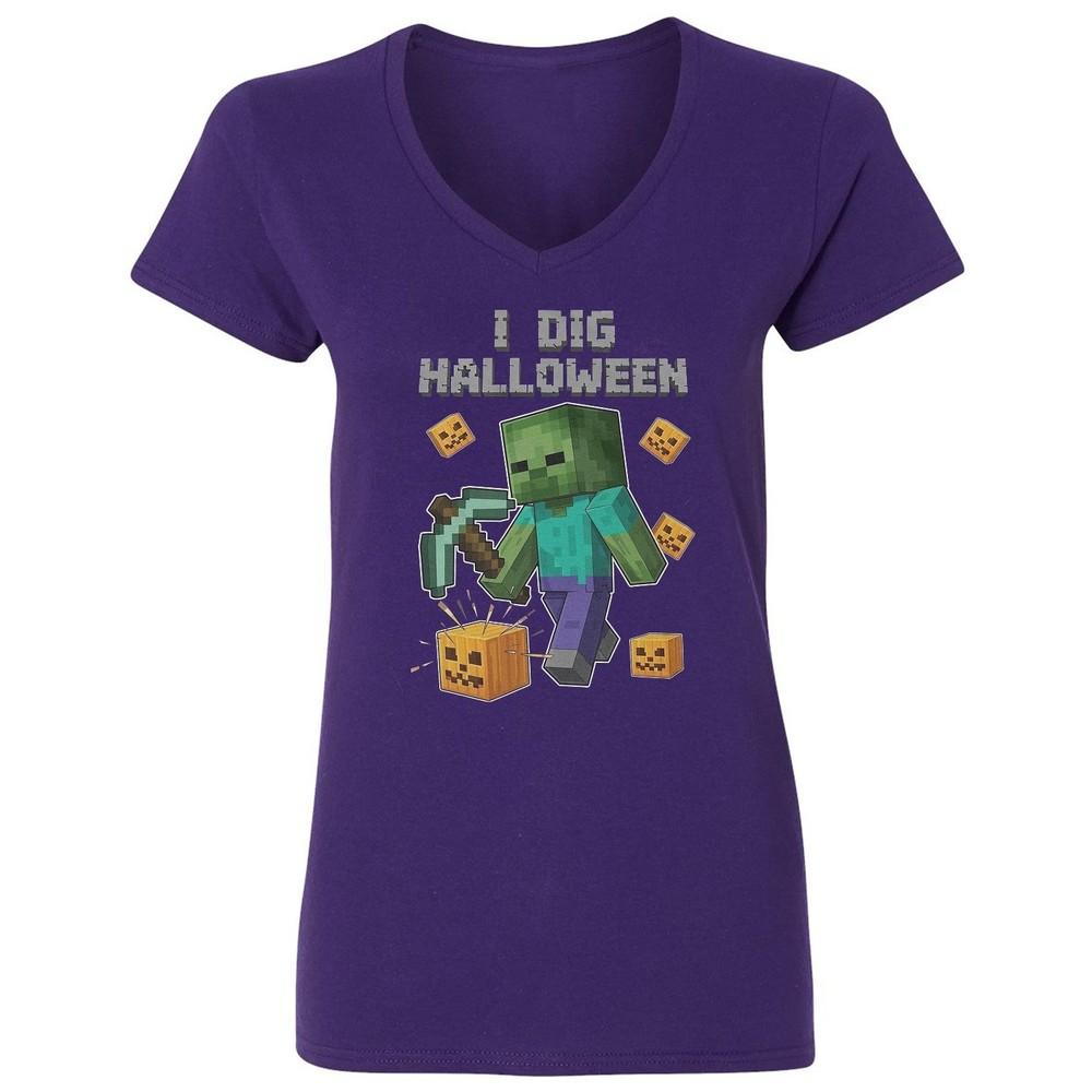 I Dig Halloween - Pixel Game Blocky Pumpkin Mine Ladies  V-Neck Tshirt Unisex T-Shirt XXXL