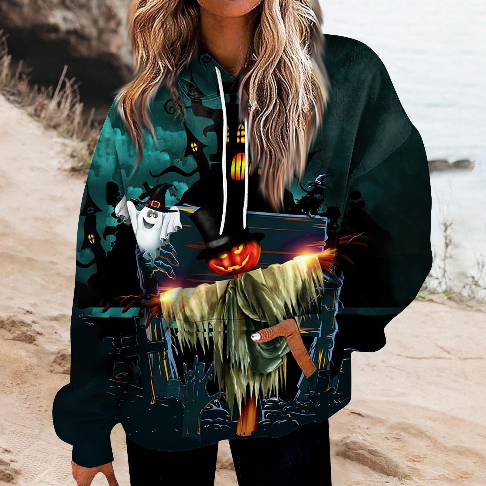 Женская мода на Хэллоуин повседневные универсальные повседневные толстовки с круглым вырезом топ с длинными рукавами и принтом толстовка L чёрный 1980₽