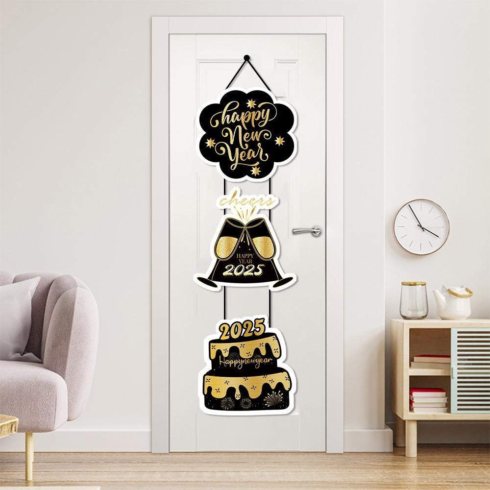

New Black Gold New Year Door Hanger Gift Box Cake Christmas Flag 2025 Happy New Year Door Pendant Party Decor