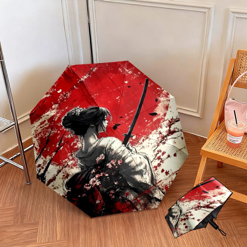 1PC Samurai Sunset Blossoms Automatic Umbrella - Suitable Travel Outdoor Portable Umbrella Birthday Gift Daily Essentials