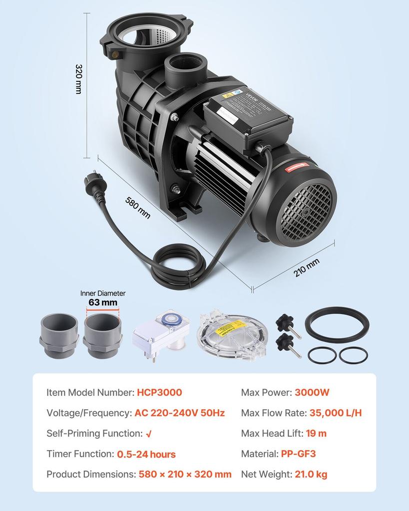 Zwembadpomp, 3000W, 35.000 L/U Maximaal Debiet Eén Snelheid Zwembadpomp, AC 220-240V, 2860 RPM, 19 m Maximale Opvoerhoogte, met 24-Uurs Timer & Filtermand, voor