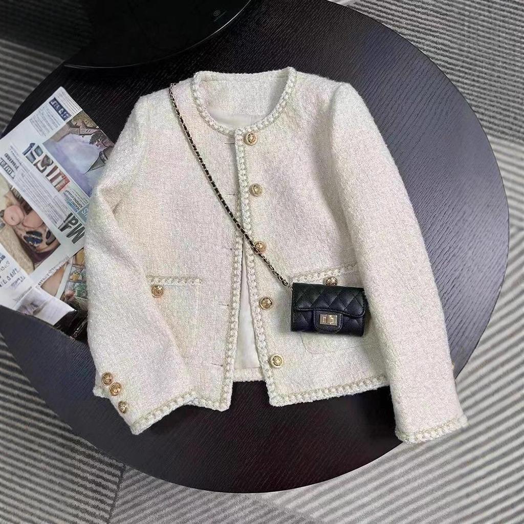 2025 Korean Style Off-White French Tweed Socialite Jacket for Women