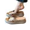 Straw Thick-bottomed Wedge Slippers Women's One-character Slippers Summer New Round-headed Open-toed Mid-heeled Cool Slippers