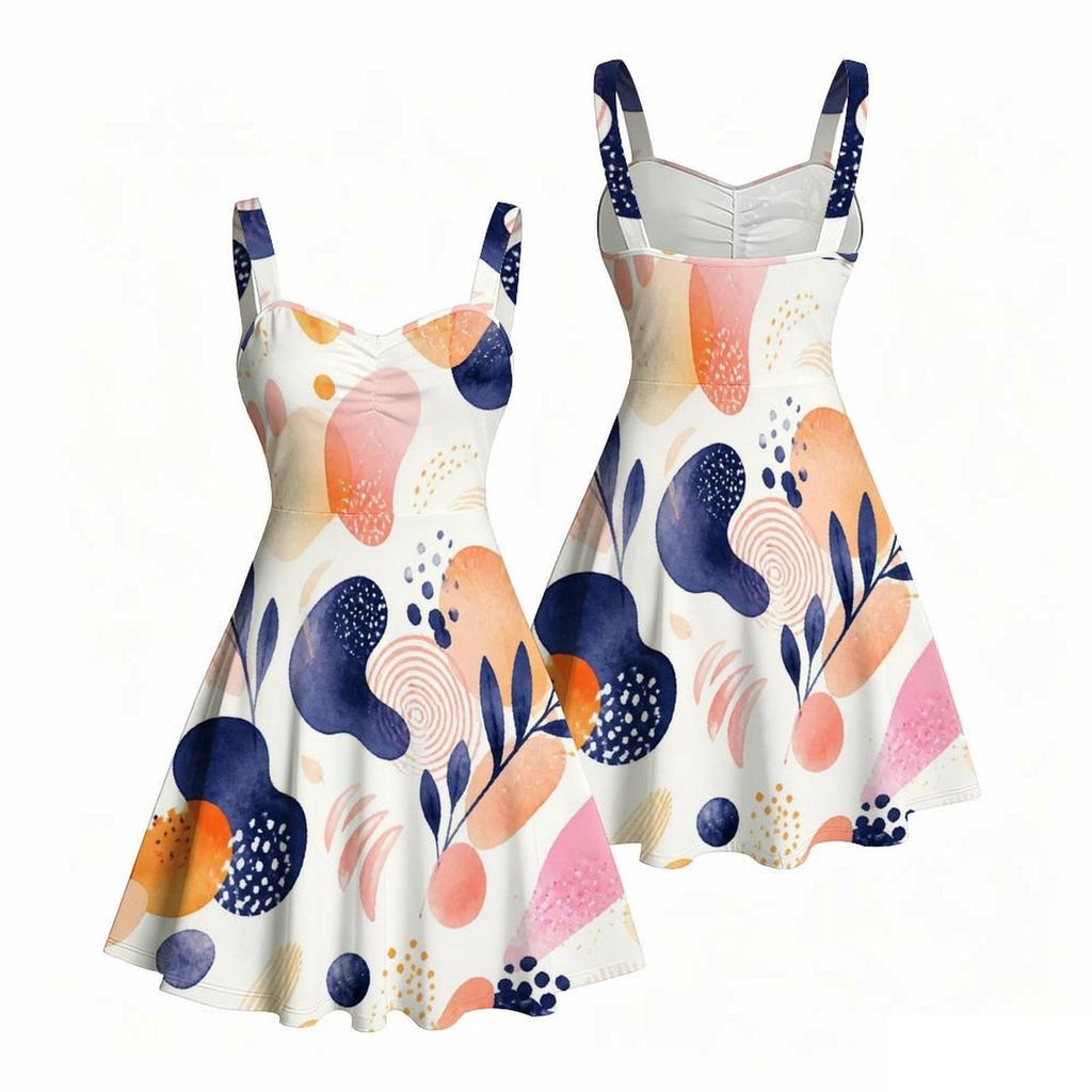 Women Plus Size Sweetheart Neck Strappy Sleeveless Abstract Printed Flared Dress