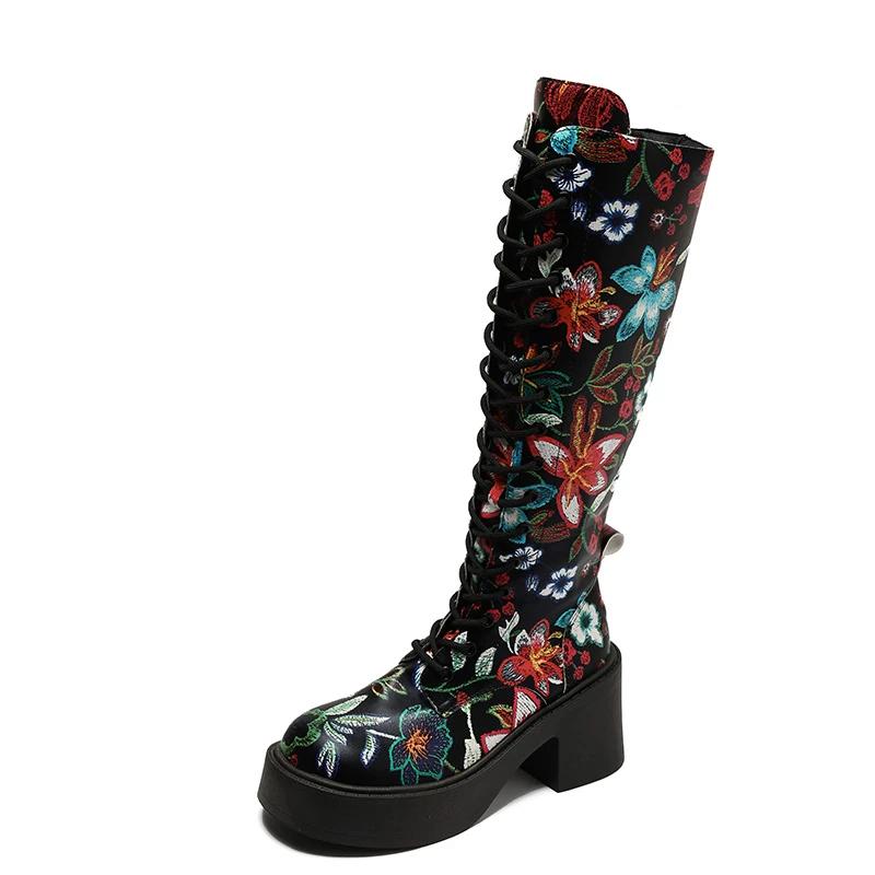 Móda Vysoké kozačky Šněrování vpředu Kulatá špička Dámské Podzim Zima Nové Blokový podpatek Římské Dámské Vysoké kozačky