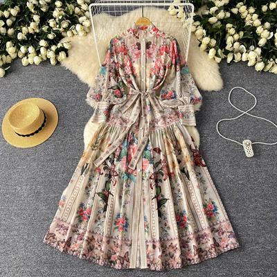 Robe une pièce à imprimé vintage français pour femmes, manches lanternes, simple boutonnage, robes princesse à lacets