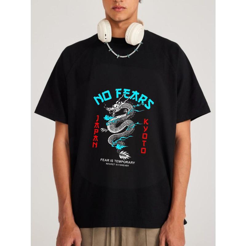 

No Fears T Shirt White Dragon Print Japan Kyoto Text Streetwear Casual Wear XXXXL чорний