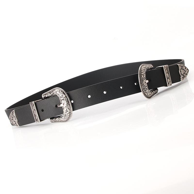 New Women's Belt, European and American Retro Carved Alloy Buckle Belt, Versatile Jeans and Clothing Double Buckle Belt