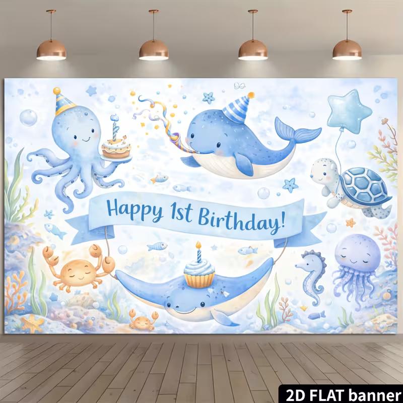 2D Watercolor Ocean Animals 1st Birthday Backdrop Underwater Party Supplies