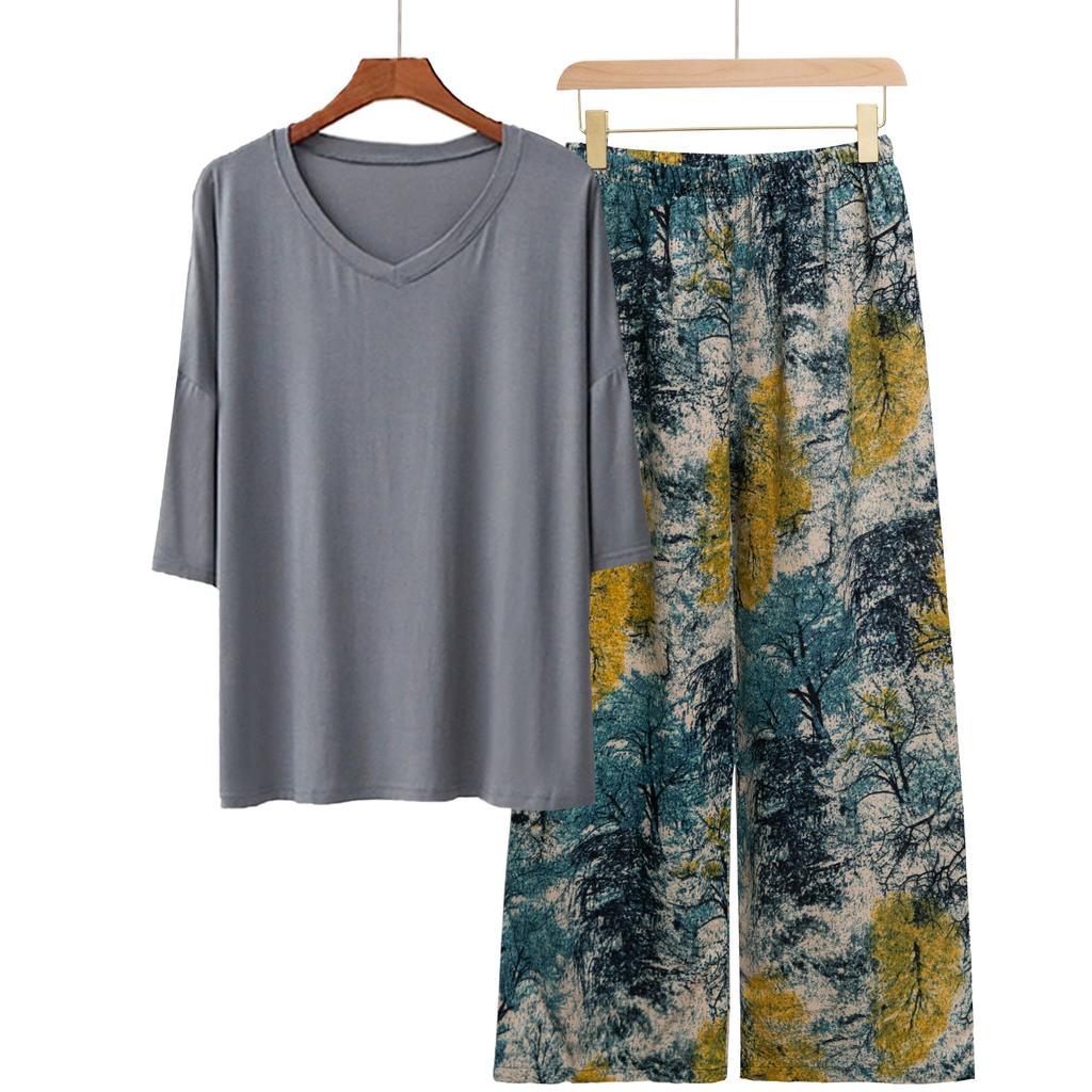 Pajamas Women's Spring and Summer New V-neck Short-sleeved Cotton and Linen Pants European and American Large-size Loungewear Two-piece Set