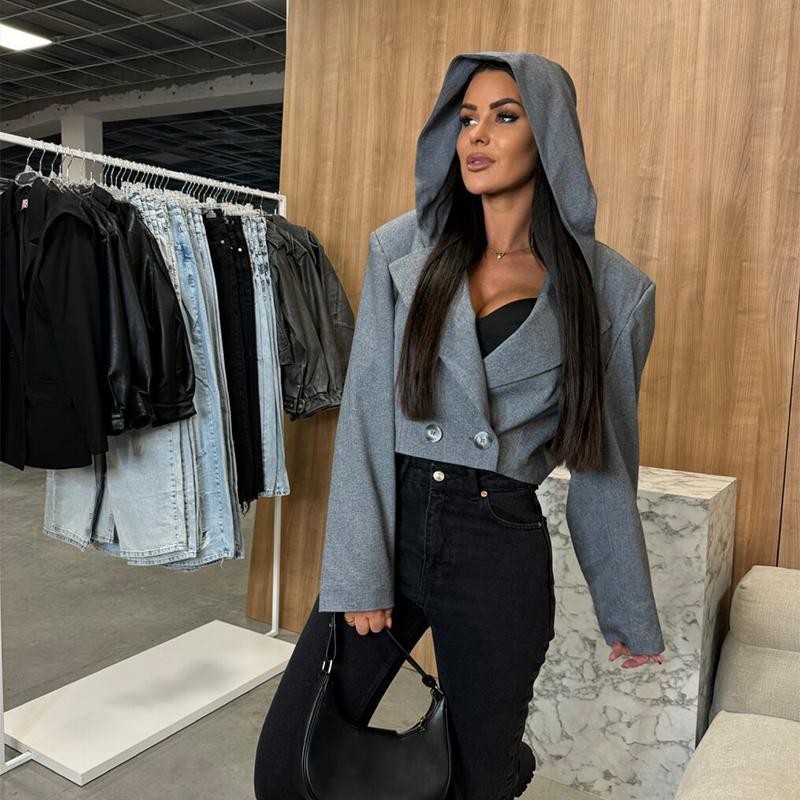 Cappotti Blazer Corti con Cappuccio alla Moda per Donna 2025 Primavera Nuovo Manica Lunga Giacca Corta Sottile Femminile Chic Street Lady Capispalla