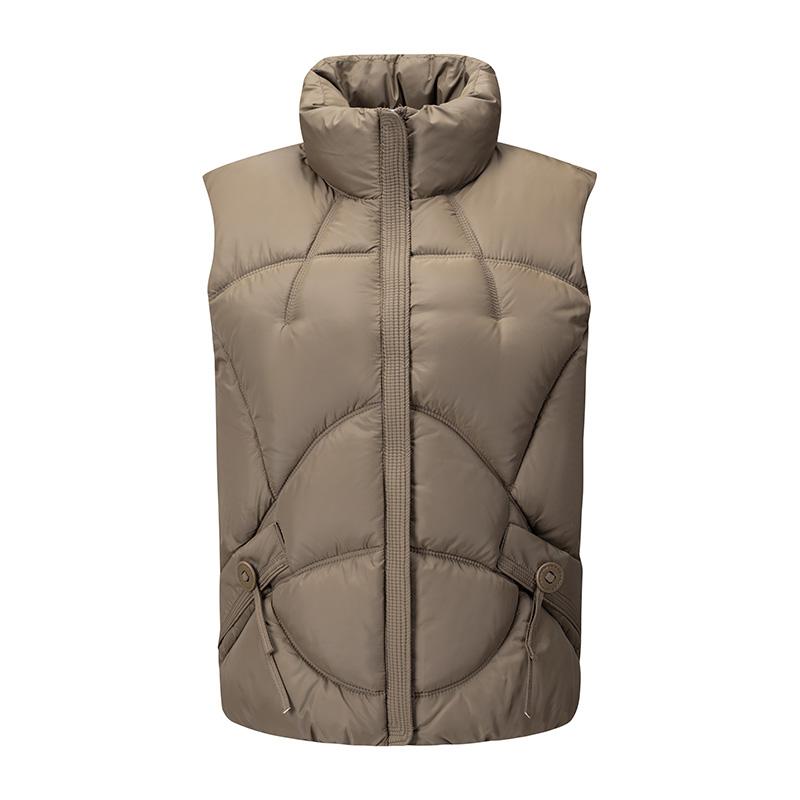 Women s Khaki Stand Collar Quilted Zip Up Drawstring Pocket Padded Vest 2XL