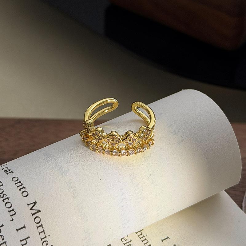 Light Luxury Sweet Sister Four-Leaf Clover Full Of Diamonds, Row Of Diamonds, Zircon Double-Layer Open Ring, Niche High-End Sense Stacking