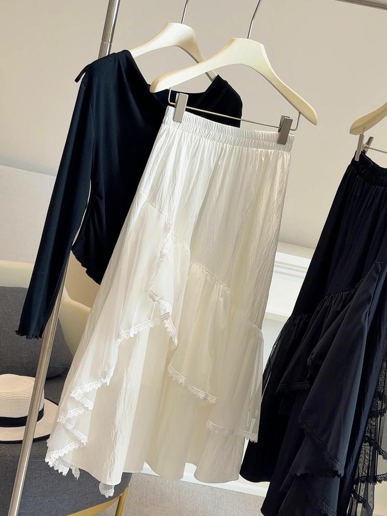 Spring 2026 Irregular Lace Trim Mesh Midi Skirt: High-Waist, Slimming A-Line for Women