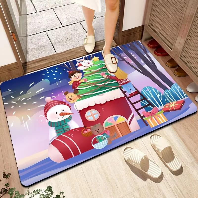 Festive Red Non-slip Absorbent Door Mat - Christmas Crystal Velvet