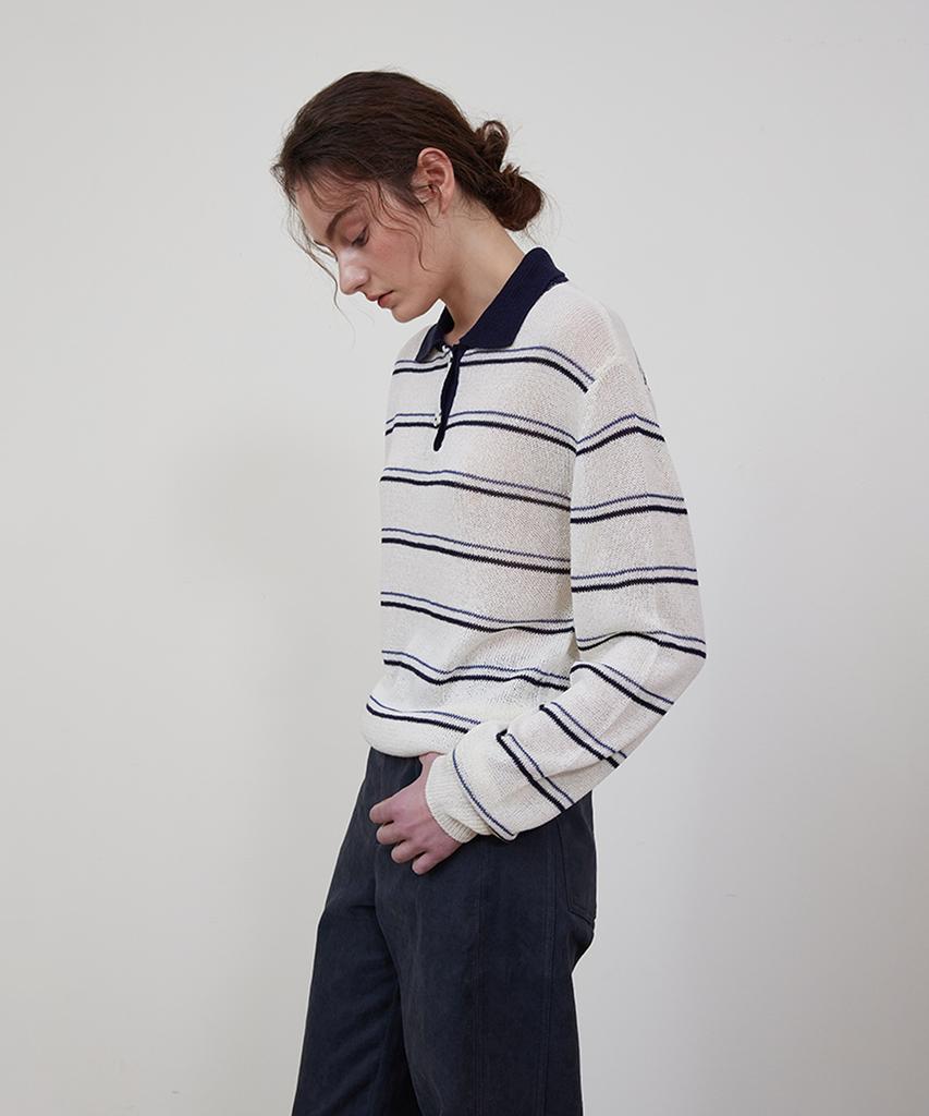 STEP AROUND Stripe Collar Linen Knit_Navy