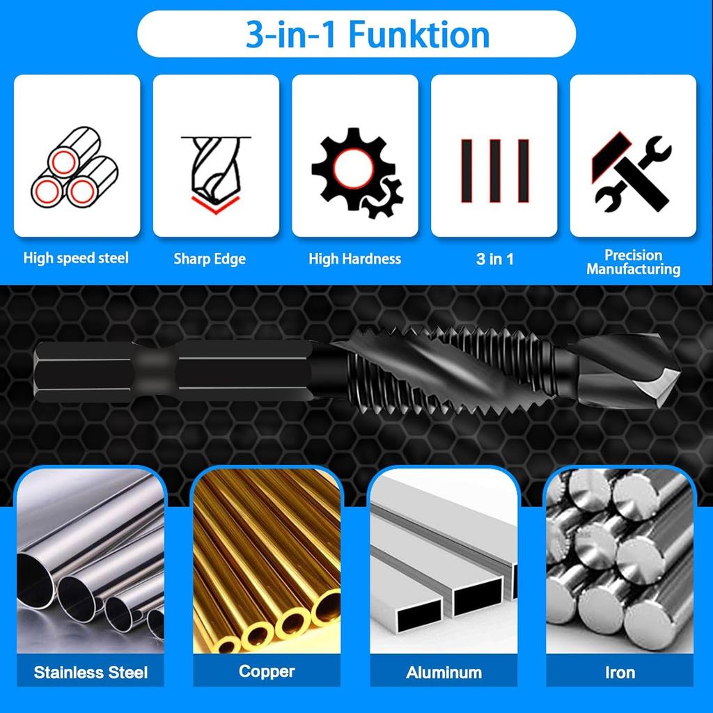 6pcs Set Cobalt Drill Bits and Taps | Combination Drill Bits, Taps, and Tap Heads Set with Countersink and Deburring Features, Metric Sizes M3 To M10