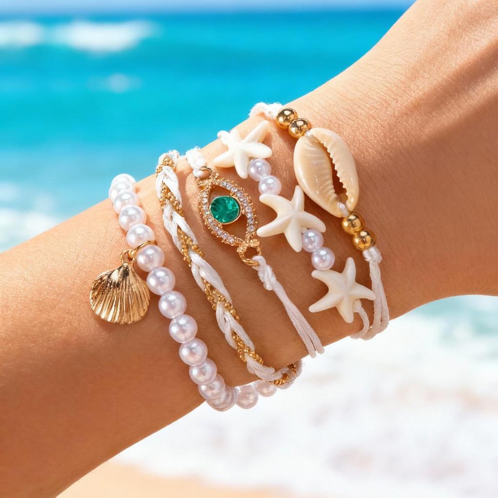 Bohemian Gold Starfish & Pearl Beaded Bracelet Set