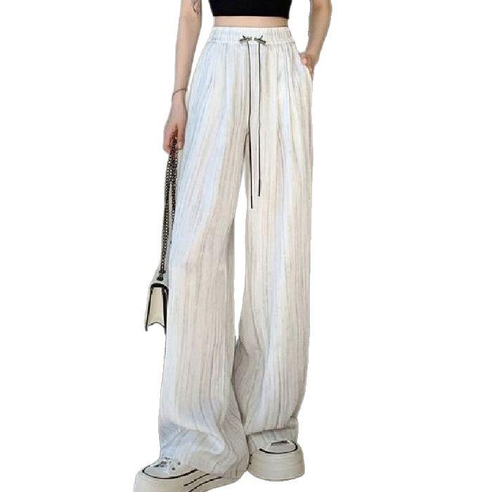 Pantaloni cu picior larg din mătase de gheață satinată cu imprimeu cerneală, stil subțire pentru vara 2025, design cool Yamamoto cu drapaj plisat.