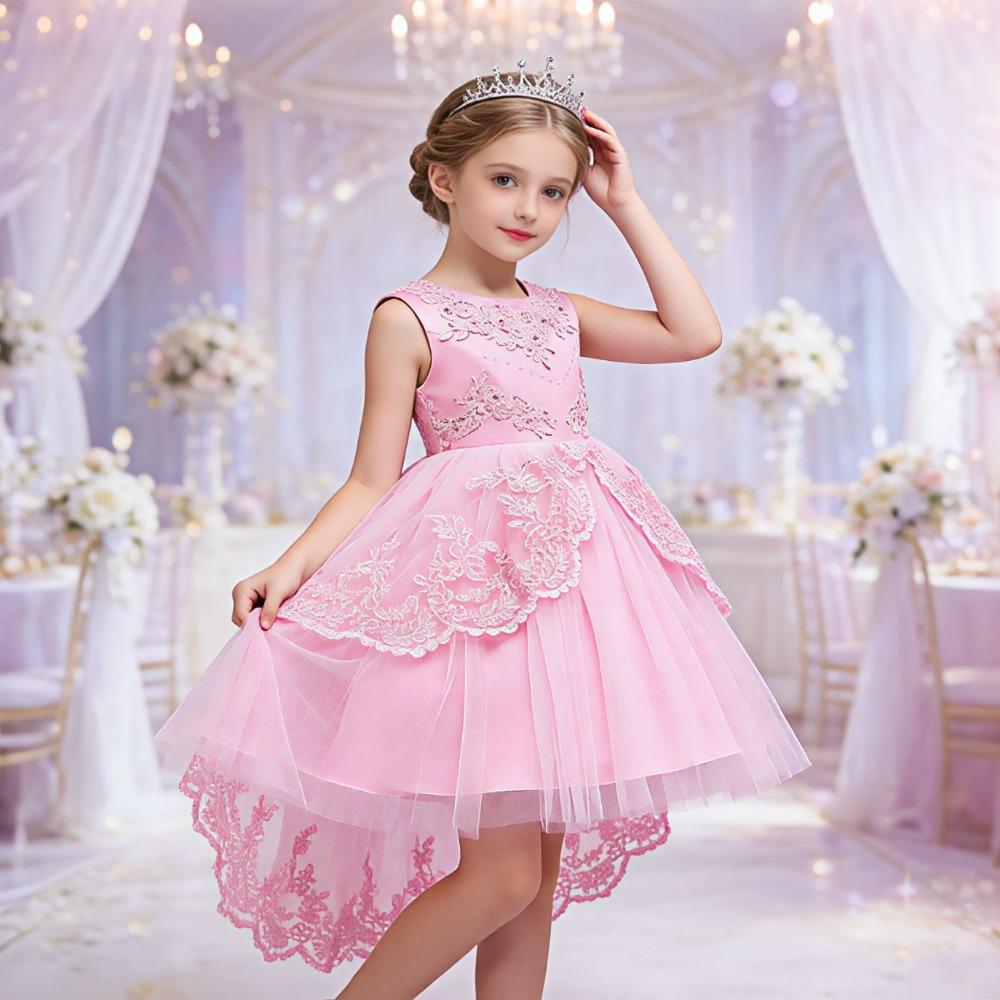 Girls' formal dresses, children's princess dresses with trains, beaded dresses for girls, and outfits for young presenters on the catwalk