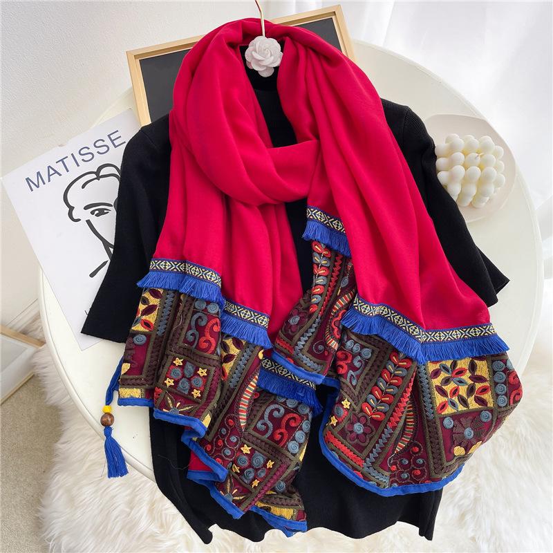 

Retro scarf women s solid color embroidery cashew splicing long shawl pure cotton wood bead fringed headscarf 190*80cm