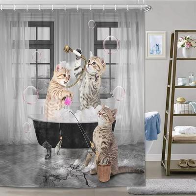 Funny Cat Shower Curtain Fun Animal In Bathtub with Fish Cloth Fabric Shower Curtain Hilarious Pet Bathroom Decor Set with Hooks